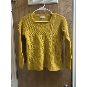 Women's Madewell Mustard Yellow Cable Knit Bobble Sweater Merino Wool Slit Sz XS